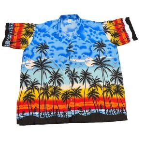 Happy Bay Men's Shirt Hawaiian Sunset/surf Button Short Sleeve Terivoile Sz 4XL
